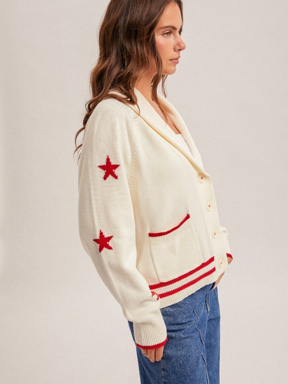 Americana Bow Cream knit Shawl cardigan star red accents Cozy Coastal Preppy L - Picture 4 of 4